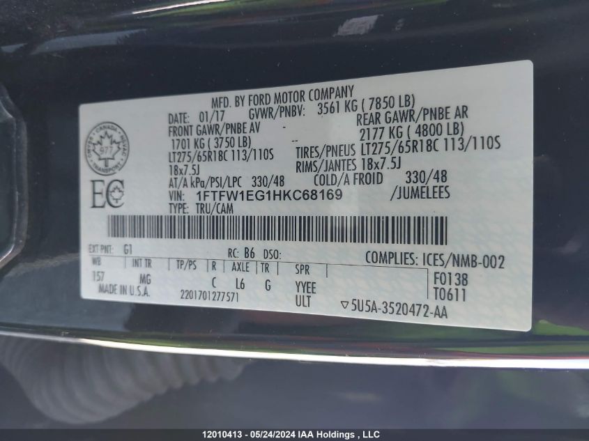 2017 Ford F-150 Xlt VIN: 1FTFW1EG1HKC68169 Lot: 12010413