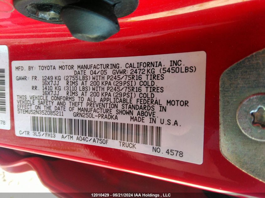 2005 Toyota Tacoma Double Cab Long Bed VIN: 5TEMU52N35Z085211 Lot: 12010429