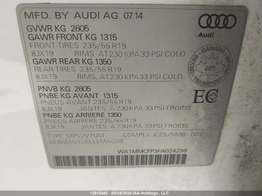 2015 Audi Q5 VIN: WA1MMCFP3FA024298 Lot: 12010442