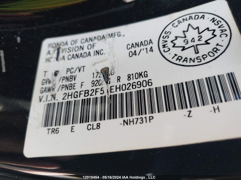 2014 Honda Civic Lx VIN: 2HGFB2F51EH026906 Lot: 12010454