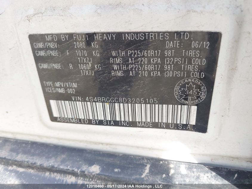 2013 Subaru Outback 2.5I Premium VIN: 4S4BRGGC8D3205105 Lot: 12010460