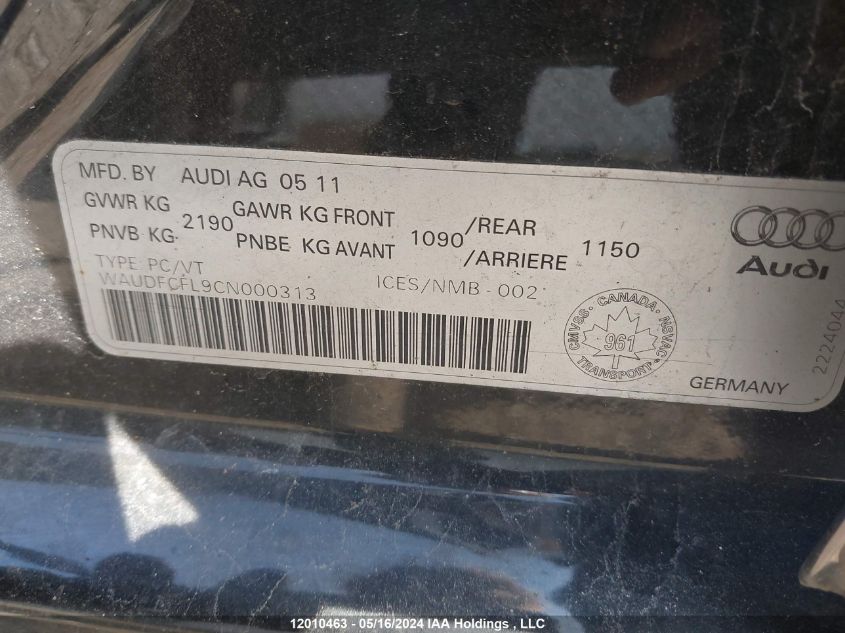 2012 Audi A4 VIN: WAUDFCFL9CN000313 Lot: 12010463