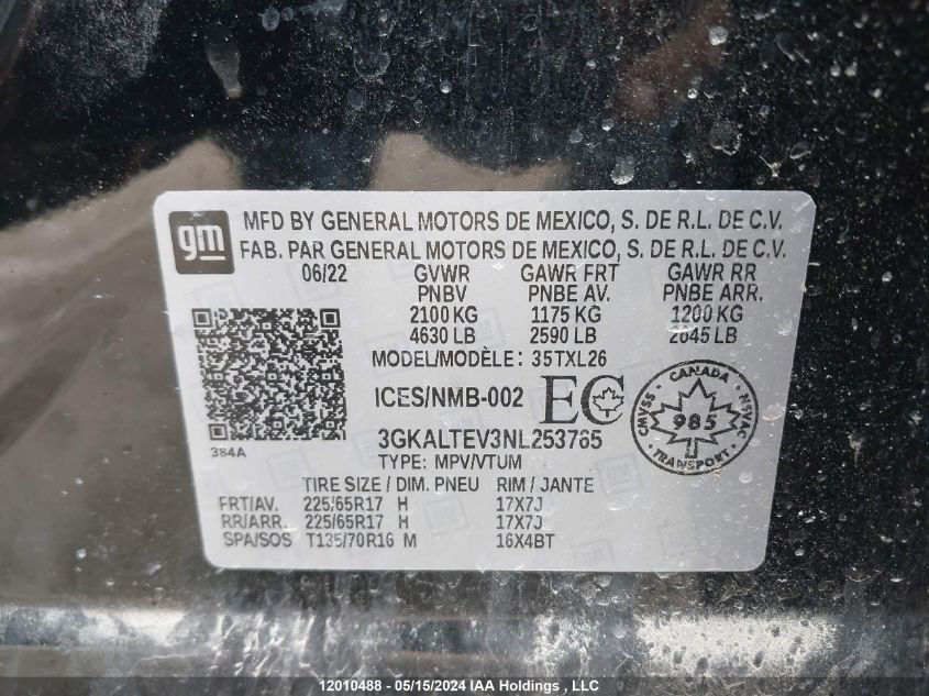 2022 GMC Terrain Sle VIN: 3GKALTEV3NL253765 Lot: 12010488