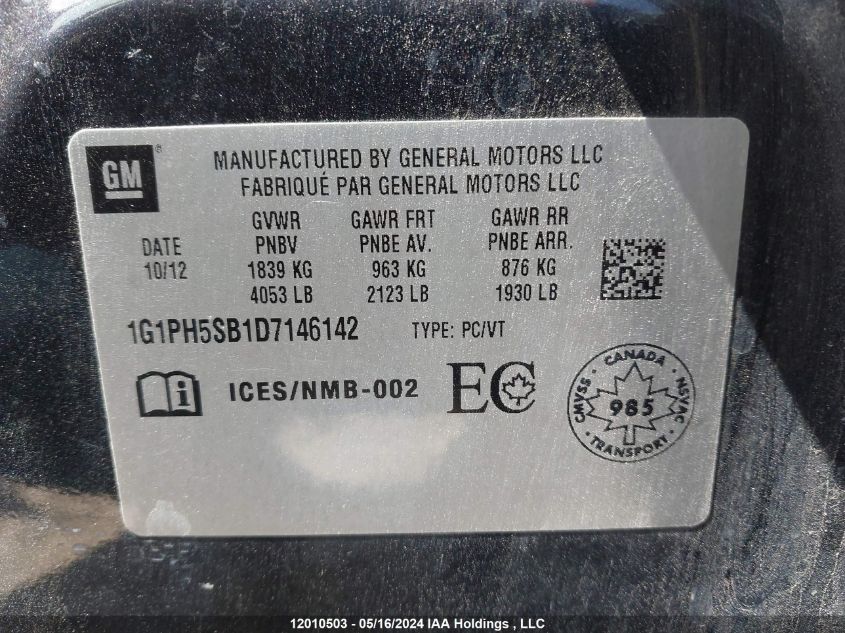 2013 Chevrolet Cruze VIN: 1G1PH5SB1D7146142 Lot: 12010503