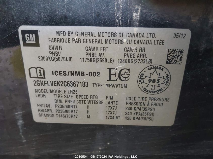 2012 GMC Terrain VIN: 2GKFLVEK2C6367183 Lot: 12010504