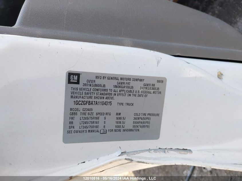 2010 Chevrolet Express G2500 VIN: 1GCZGFBA7A1104315 Lot: 12010516
