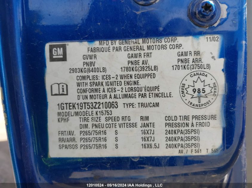 2003 GMC Sierra 1500 VIN: 1GTEK19T23Z147312 Lot: 12010524