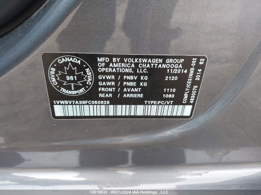 2015 Volkswagen Passat Se VIN: 1VWBV7A38FC050628 Lot: 12010532