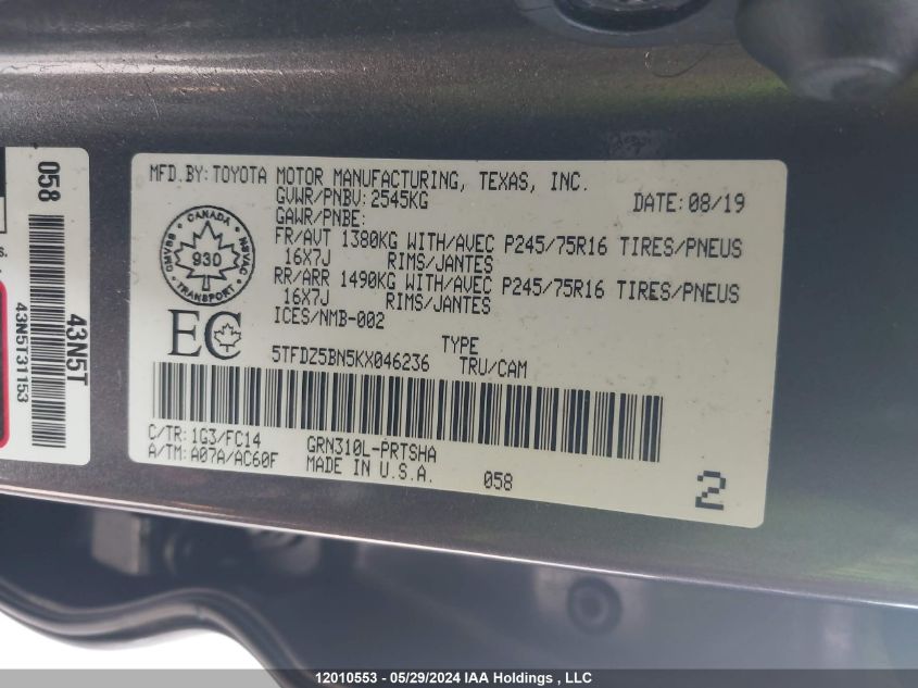 2019 Toyota Tacoma VIN: 5TFDZ5BN5KX046236 Lot: 12010553