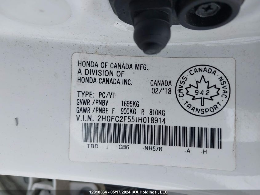 2018 Honda Civic Lx VIN: 2HGFC2F55JH018914 Lot: 12010564