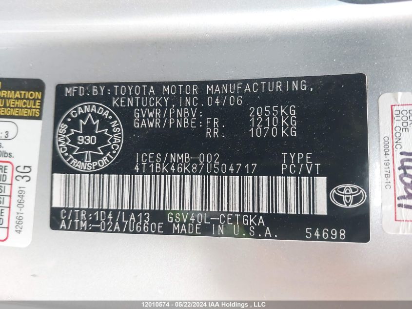 2007 Toyota Camry Le/Xle/Se VIN: 4T1BK46K87U504717 Lot: 12010574