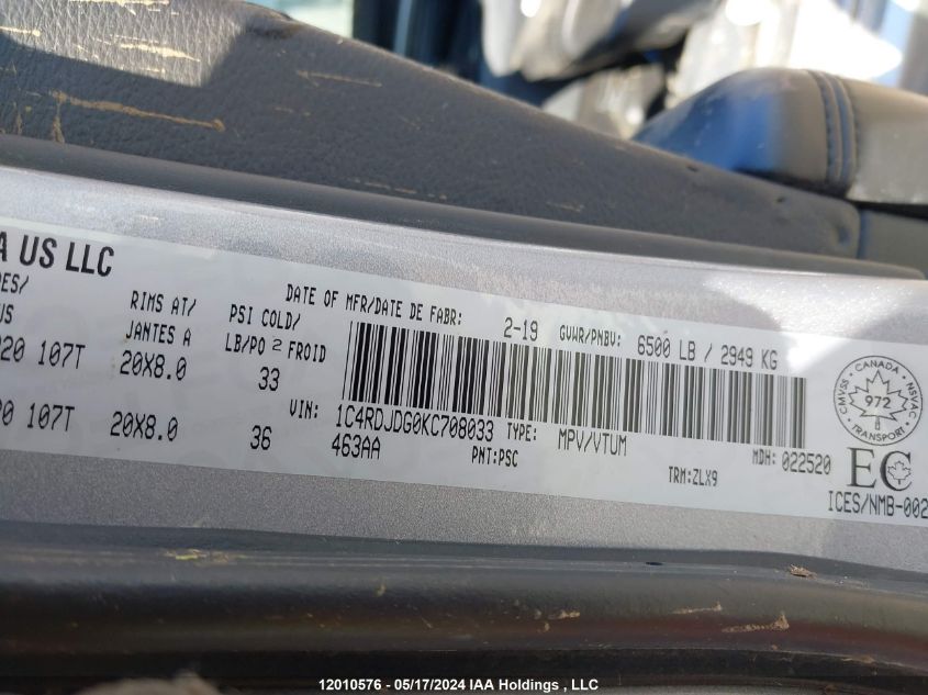 2019 Dodge Durango Gt VIN: 1C4RDJDG0KC708033 Lot: 12010576