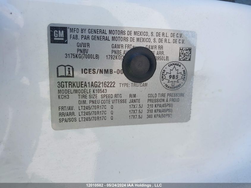 2010 GMC Sierra K1500 Sl VIN: 3GTRKUEA1AG216222 Lot: 12010582