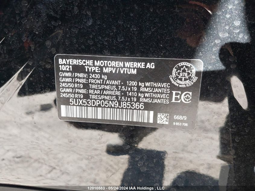 2022 BMW X3 VIN: 5UX53DP05N9J85366 Lot: 12010583