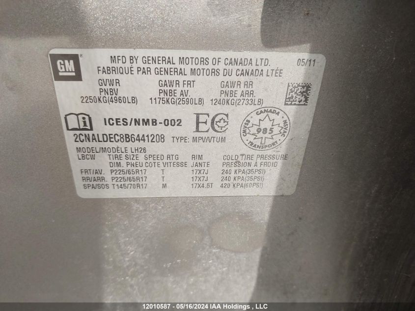 2011 Chevrolet Equinox VIN: 2CNALDEC8B6441208 Lot: 12010587