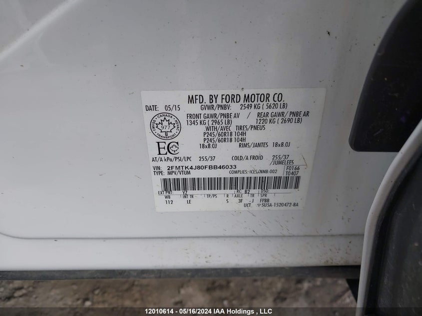 2015 Ford Edge Sel VIN: 2FMTK4J80FBB46033 Lot: 12010614