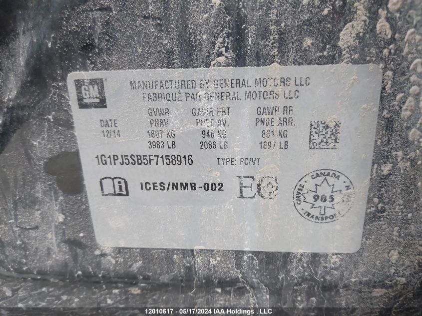 2015 Chevrolet Cruze Eco VIN: 1G1PJ5SB5F7158916 Lot: 12010617