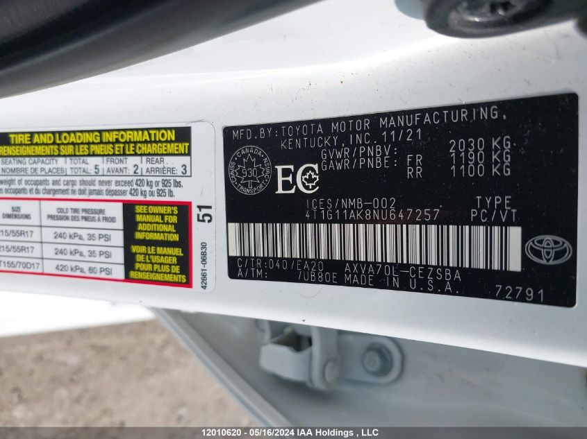 2022 Toyota Camry Se/Se Night Shade VIN: 4T1G11AK8NU647257 Lot: 12010620