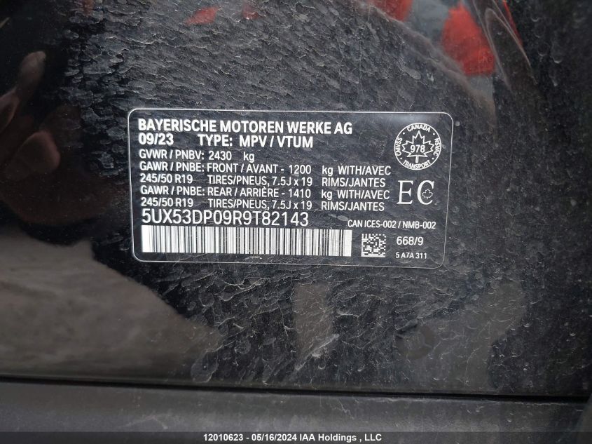 2024 BMW X3 VIN: 5UX53DP09R9T82143 Lot: 12010623