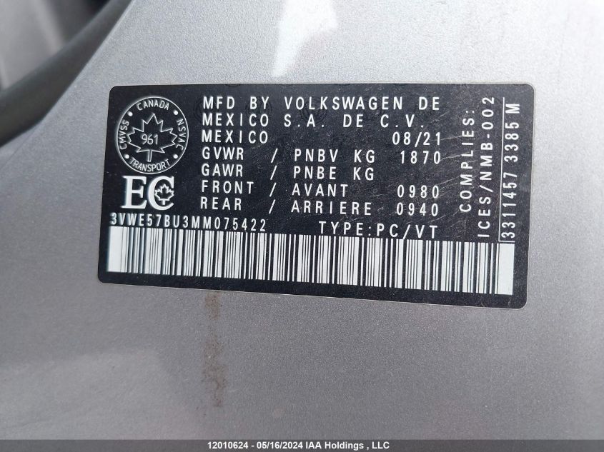 2021 Volkswagen Jetta Sel VIN: 3VWE57BU3MM075422 Lot: 12010624