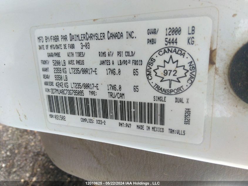 2003 Dodge Ram 3500 VIN: 3D7MU48C73G795095 Lot: 12010625