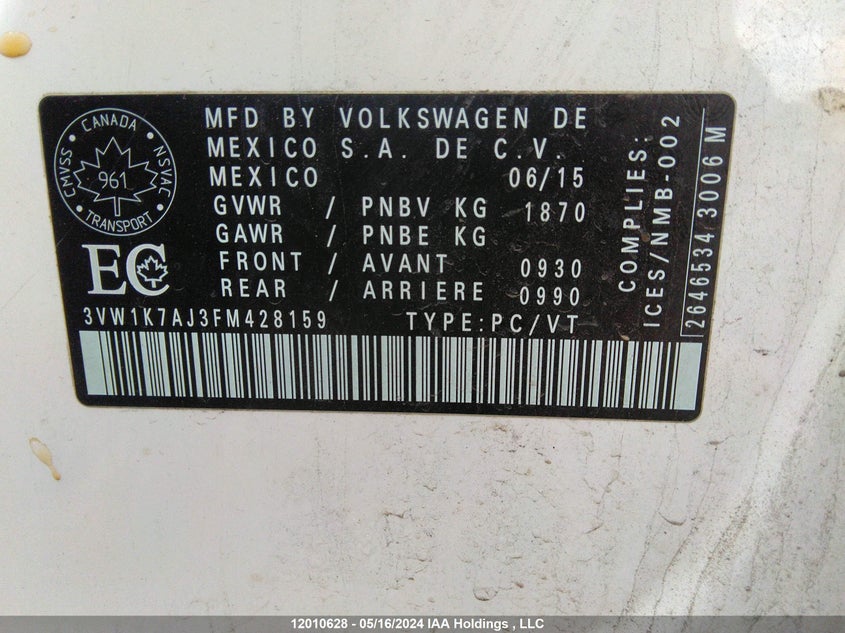 2015 Volkswagen Jetta S VIN: 3VW1K7AJ3FM428159 Lot: 12010628