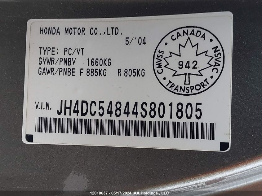 2004 Acura Rsx VIN: JH4DC54844S801805 Lot: 12010637