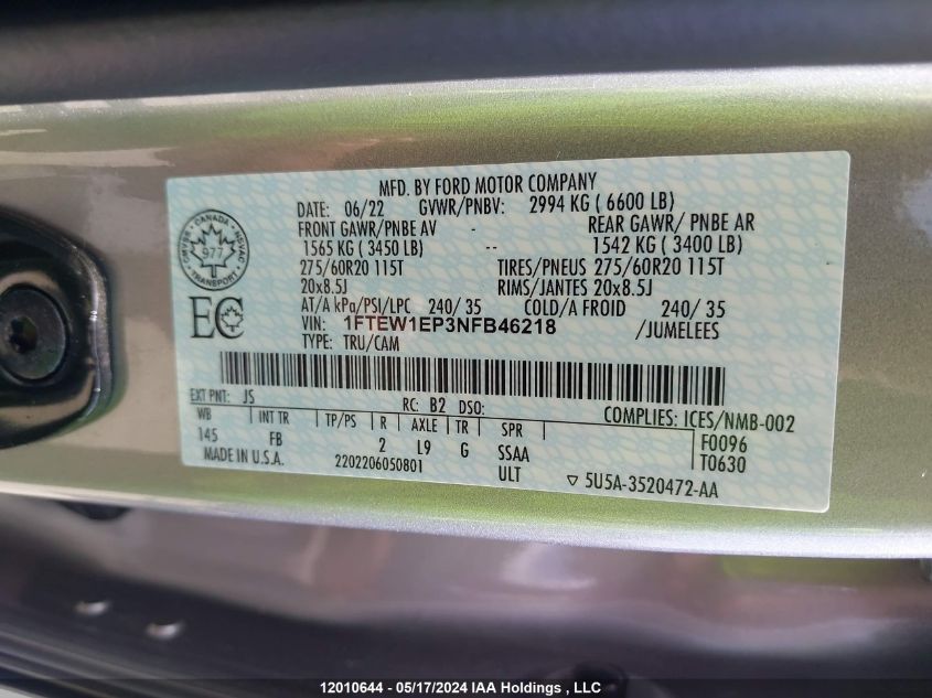 2022 Ford F150 Supercrew VIN: 1FTEW1EP3NFB46218 Lot: 12010644