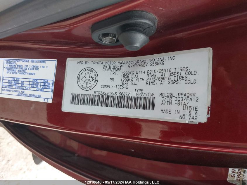 2004 Toyota Sienna Ce VIN: 5TDZA29C64S190872 Lot: 12010648