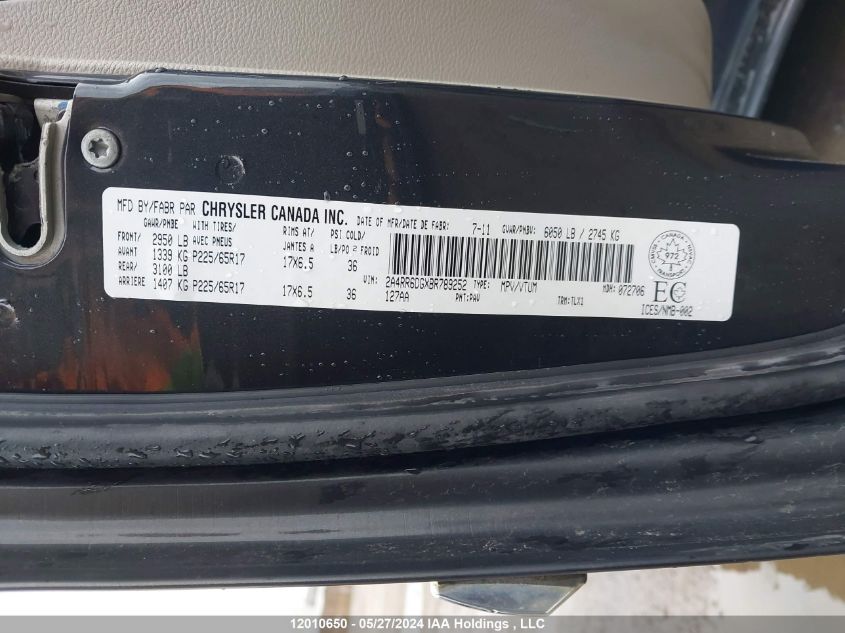 2011 Chrysler Town & Country Limited VIN: 2A4RR6DGXBR789252 Lot: 12010650