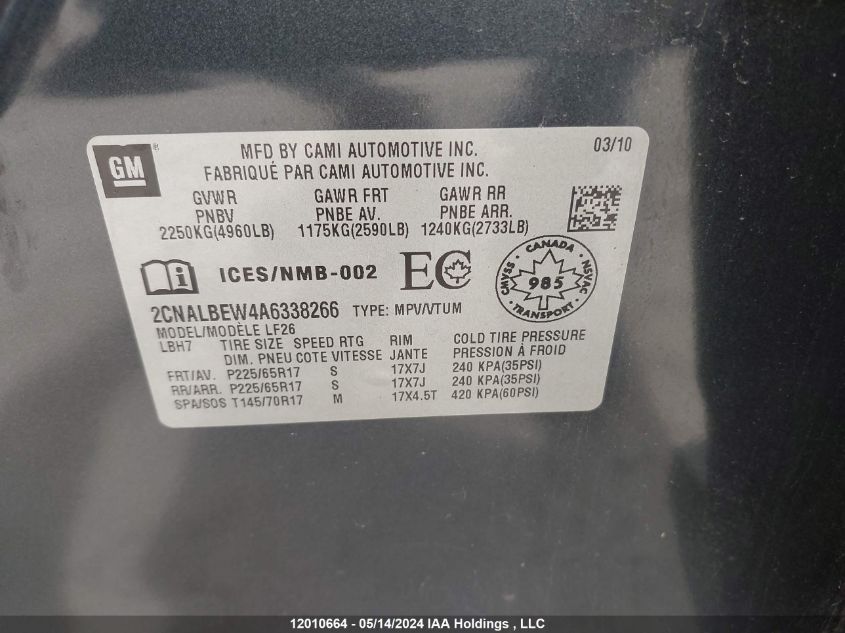 2010 Chevrolet Equinox Ls VIN: 2CNALBEW4A6338266 Lot: 12010664