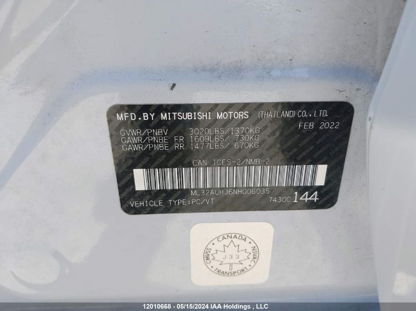 2022 Mitsubishi Mirage VIN: ML32AUHJ6NH006035 Lot: 12010668