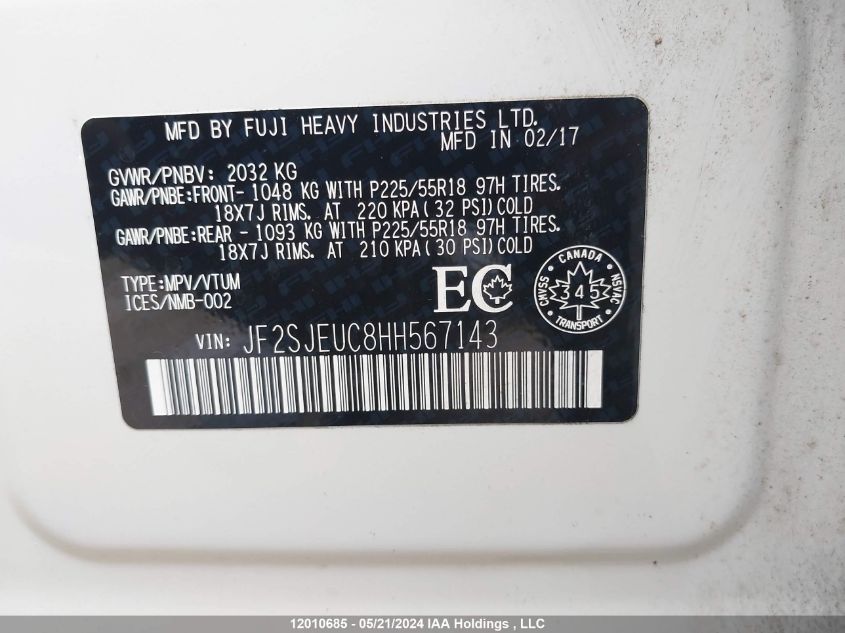 2017 Subaru Forester VIN: JF2SJEUC8HH567143 Lot: 12010685