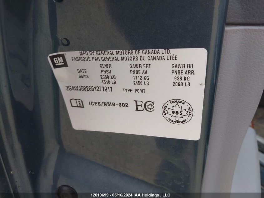 2006 Buick Allure VIN: 2G4WJ582661277917 Lot: 12010699