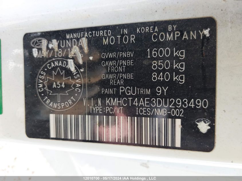 2013 Hyundai Accent Gls/Gs VIN: KMHCT4AE3DU293490 Lot: 12010700