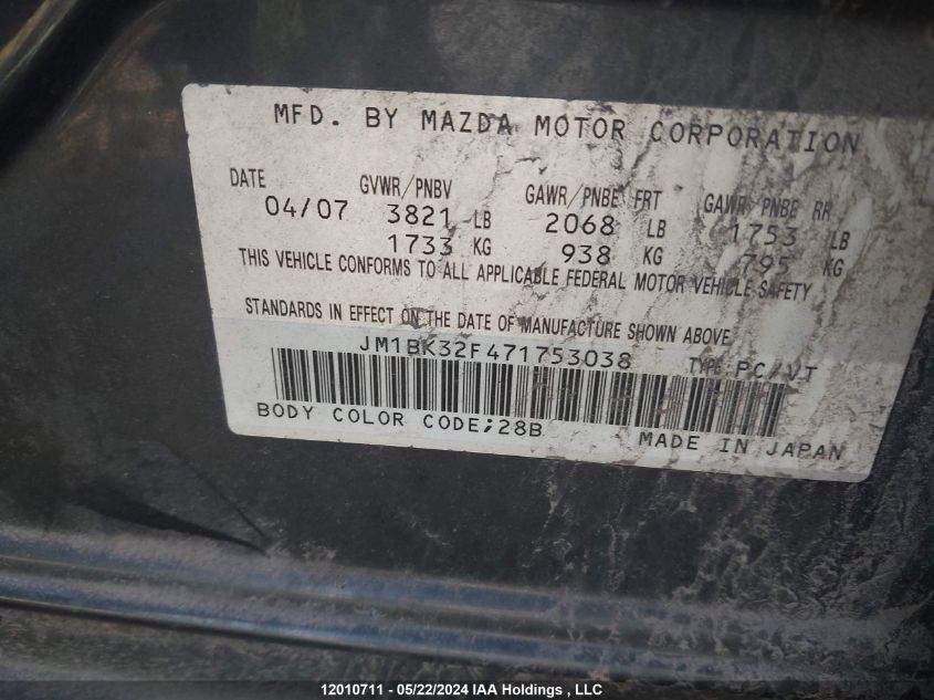 2007 Mazda 3 Mazda VIN: JM1BK32F471753038 Lot: 12010711