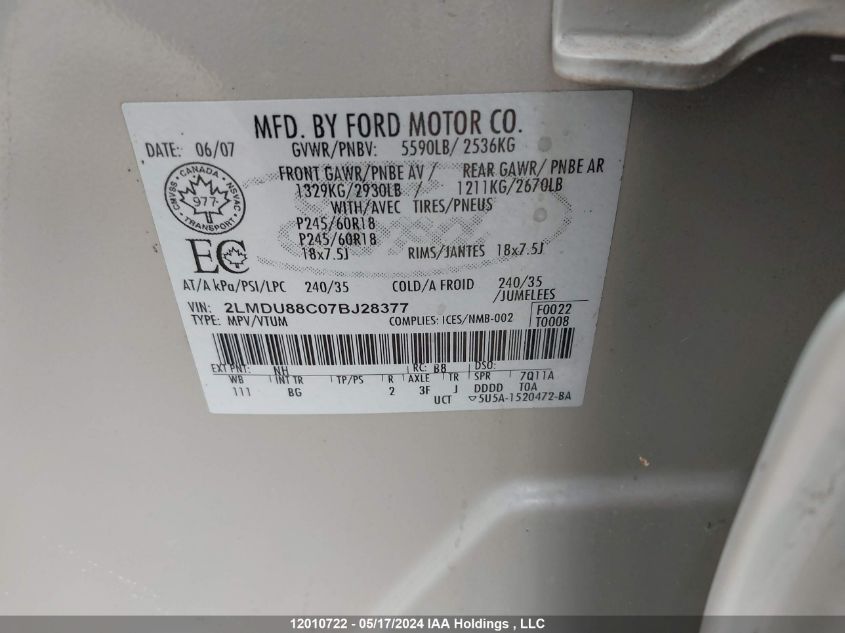 2007 Lincoln Mkx VIN: 2LMDU88C07BJ28377 Lot: 12010722