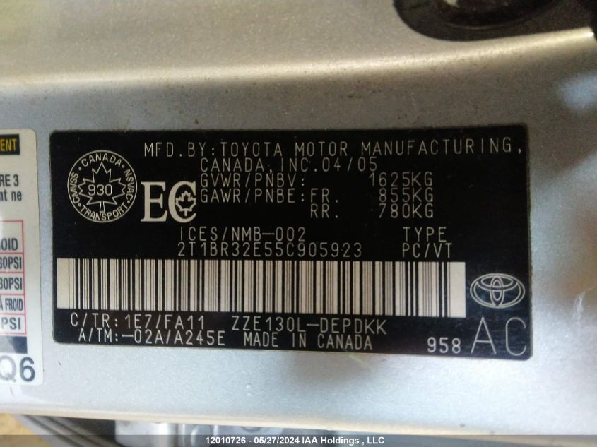 2005 Toyota Corolla Ce/Le/S VIN: 2T1BR32E55C905923 Lot: 12010726