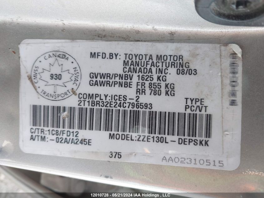 2004 Toyota Corolla Ce/Le/S VIN: 2T1BR32E24C796593 Lot: 12010728