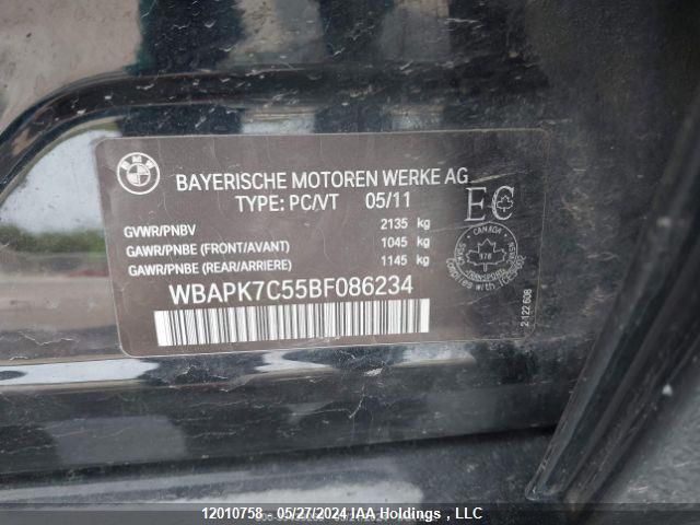 2011 BMW 3 Series VIN: WBAPK7C55BF086234 Lot: 12010758
