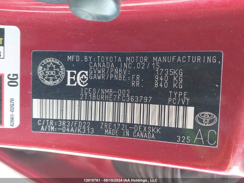 2015 Toyota Corolla VIN: 2T1BURHE7FC363797 Lot: 12010761