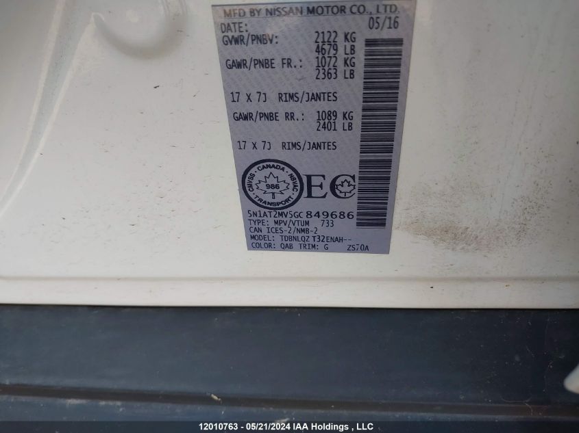 2016 Nissan Rogue VIN: 5N1AT2MV5GC849686 Lot: 12010763