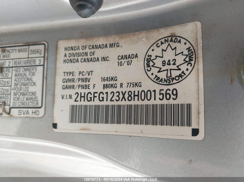 2008 Honda Civic Cpe VIN: 2HGFG123X8H001569 Lot: 12010773