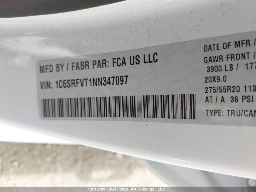 2022 Ram 1500 Sport VIN: 1C6SRFVT1NN347097 Lot: 12010789