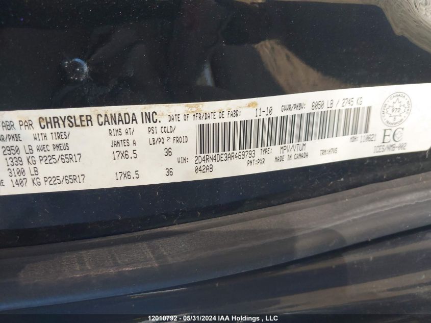 2010 Dodge Grand Caravan Se VIN: 2D4RN4DE3AR469793 Lot: 12010792