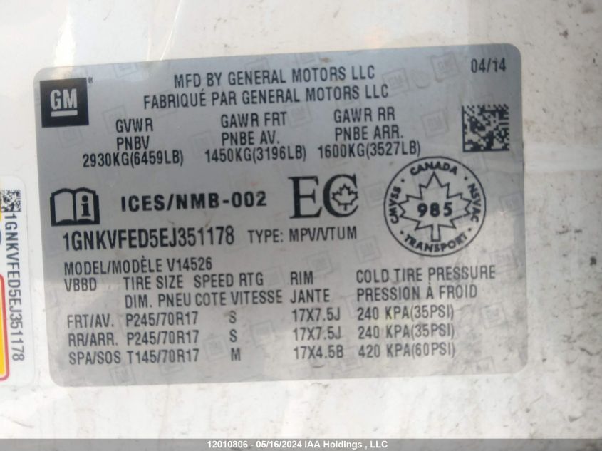 2014 Chevrolet Traverse VIN: 1GNKVFED5EJ351178 Lot: 12010806