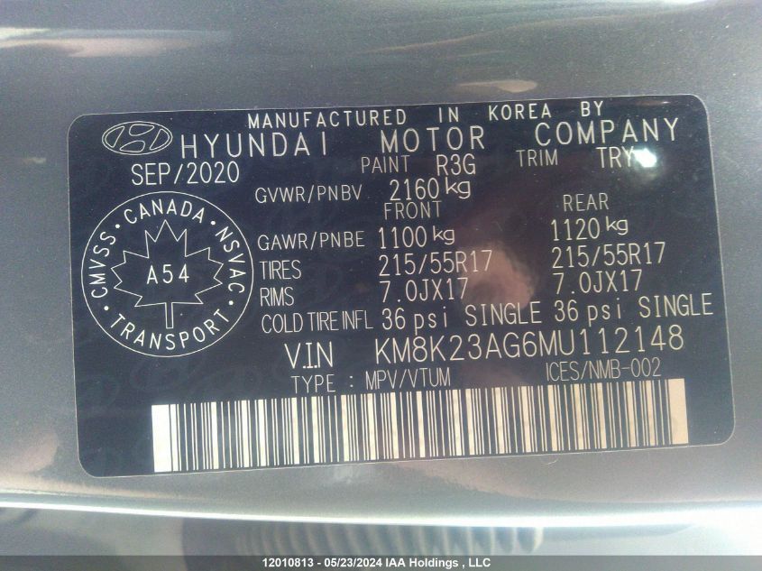 2021 Hyundai Kona Electric Preferred VIN: KM8K23AG6MU112148 Lot: 12010813