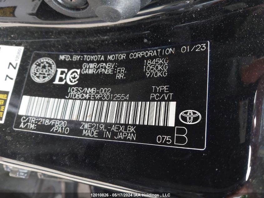 2023 Toyota Corolla Hybrid Le VIN: JTDBCMFE9P3012554 Lot: 12010826