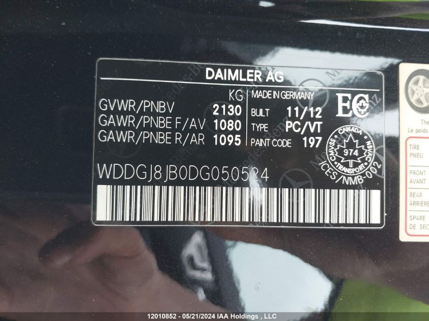 2013 Mercedes-Benz C-Class VIN: WDDGJ8JB0DG050524 Lot: 12010852