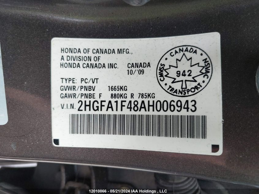 2010 Honda Civic VIN: 2HGFA1F48AH006943 Lot: 12010866